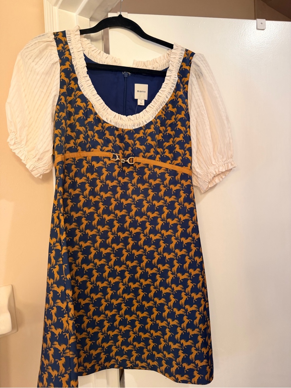 Maeve Navy and Mustard Horse-Print Mini Dress with White Puff Sleeves